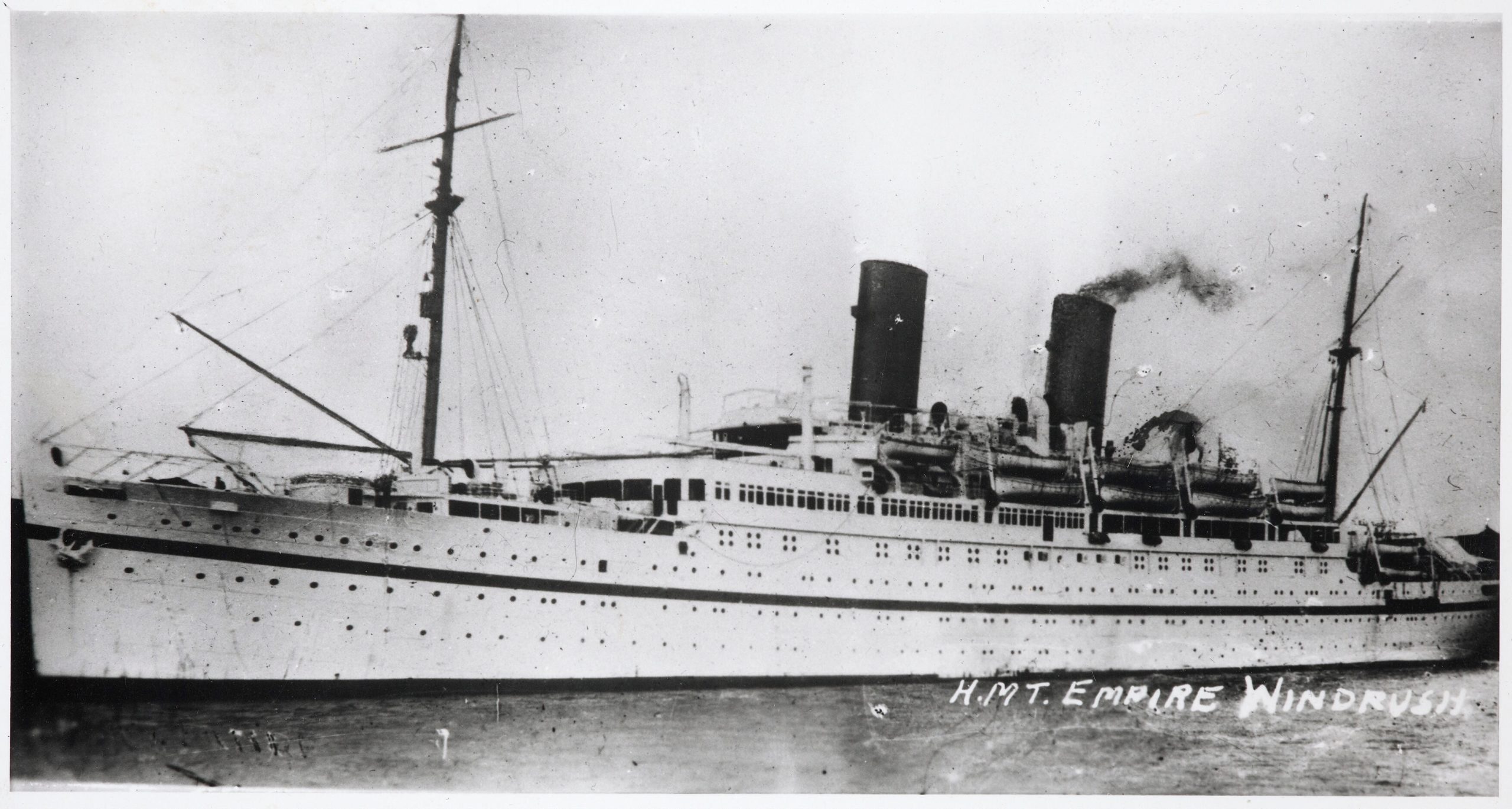 Historic broadside photograph of HMT Empire Windrush, the ship associated with Caribbean migration to Britain.